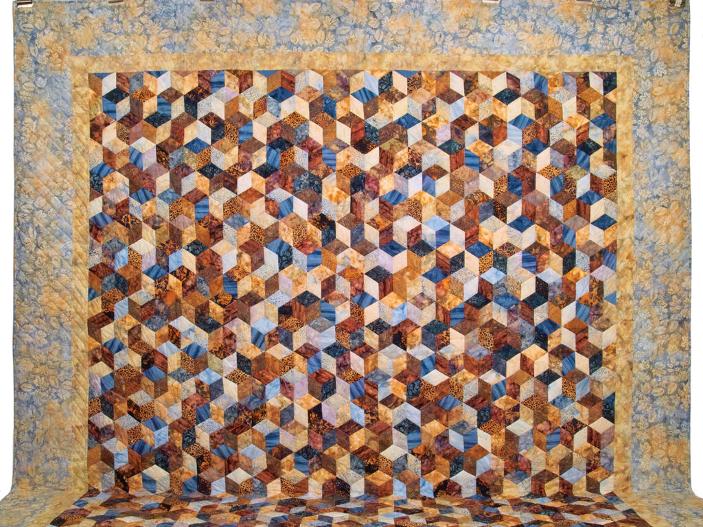King Blue Navy and Gold Hand Painted Tumbling Blocks Quilt