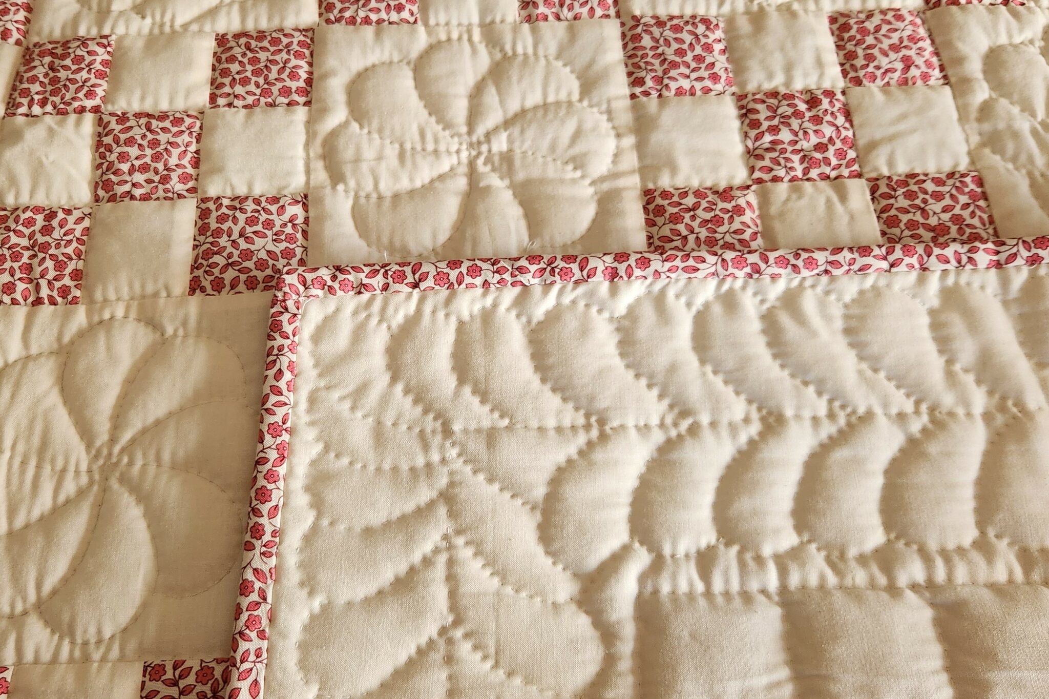 Cream and Pink Floral Nine Patch Quilt Connie Lapp Quilts