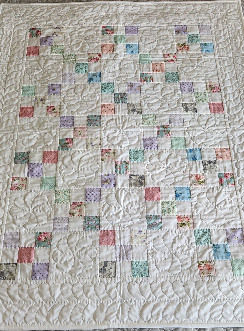 Pastel Floral and White Nine Patch Crib Quilt, Cotton Batting