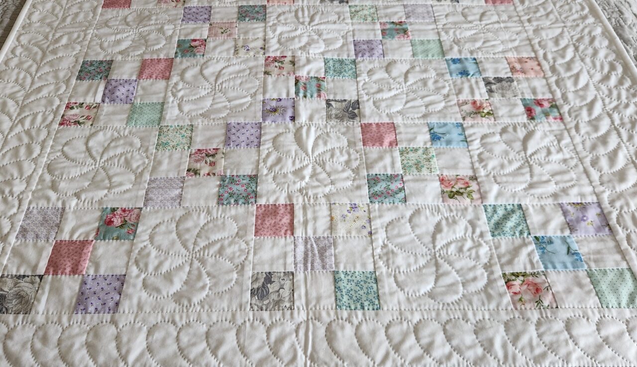 Pastel Floral and White Nine Patch Crib Quilt, Cotton Batting - Image 2