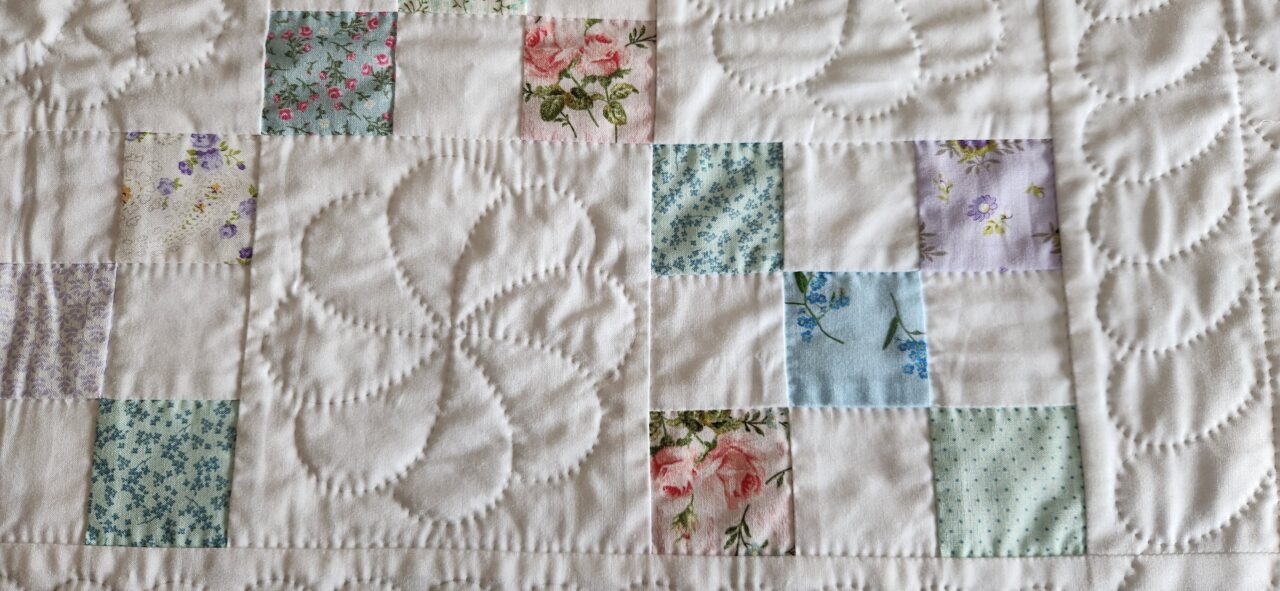Pastel Floral and White Nine Patch Crib Quilt, Cotton Batting - Image 4