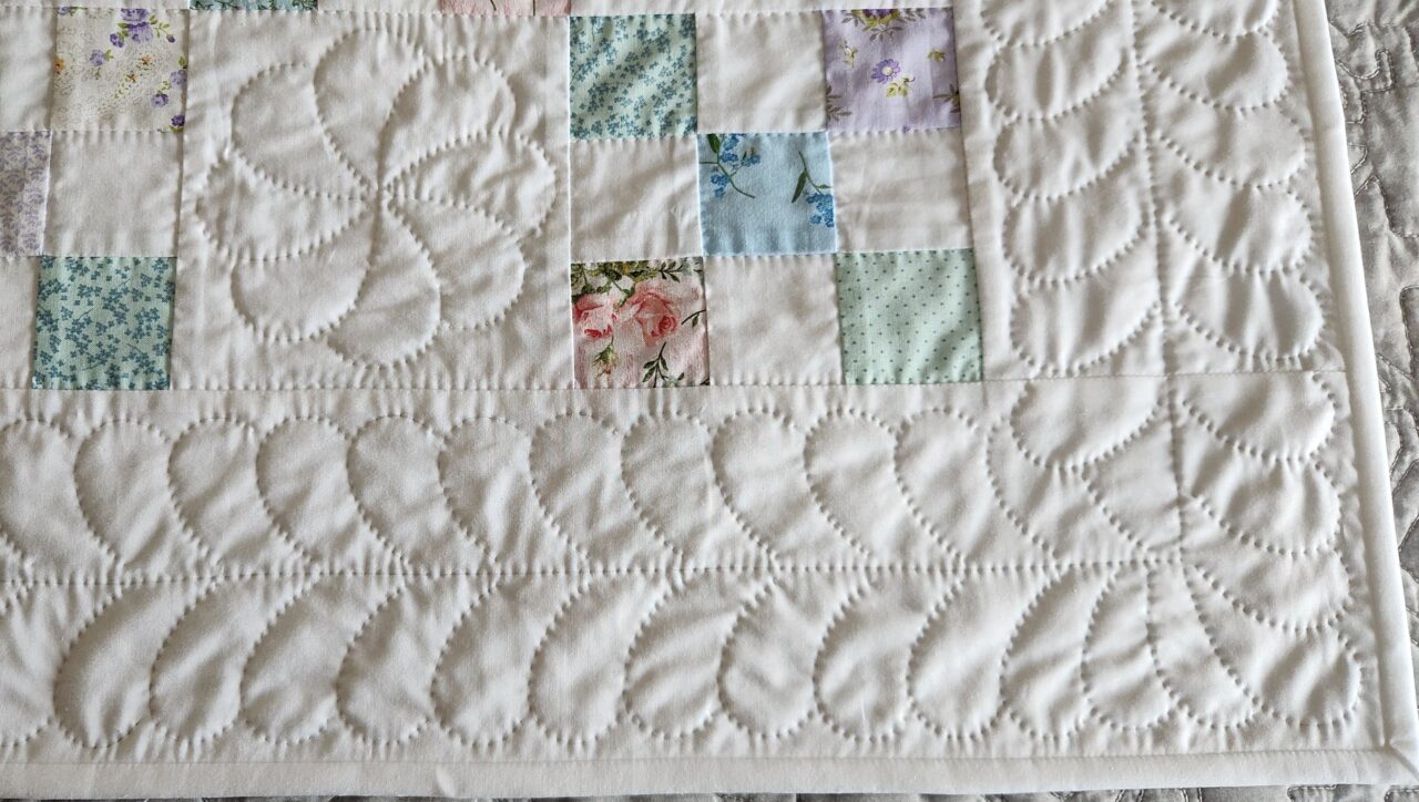 Pastel Floral and White Nine Patch Crib Quilt, Cotton Batting - Image 3