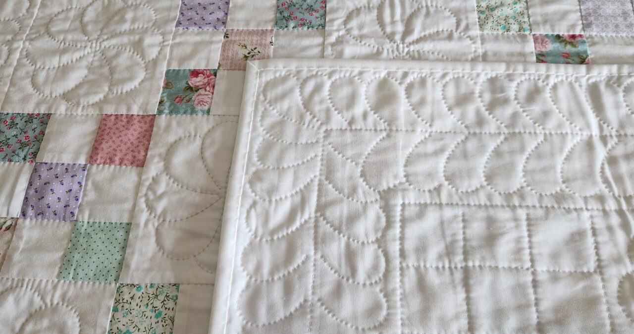 Pastel Floral and White Nine Patch Crib Quilt, Cotton Batting - Image 5