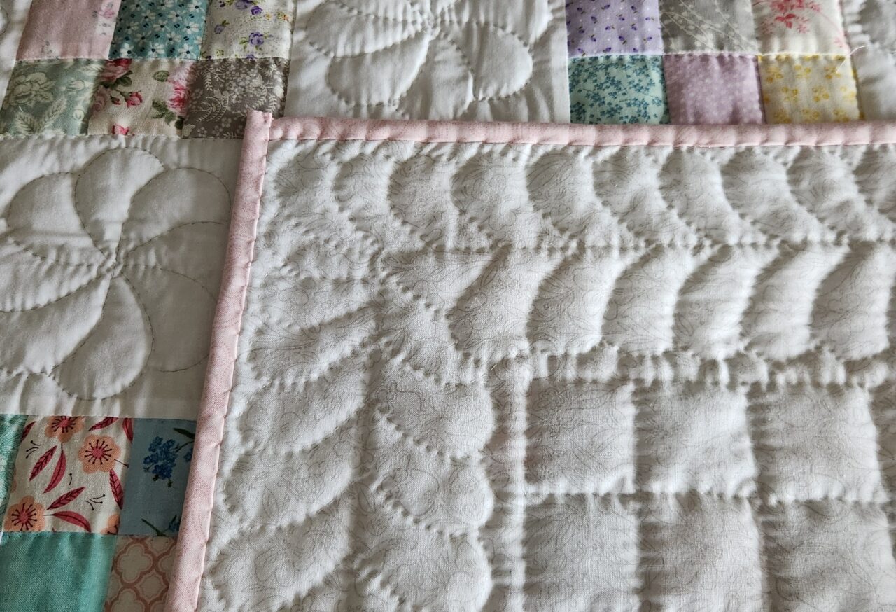 Pastel and White Nine Patch Crib Quilt (Pink Binding) - Image 5
