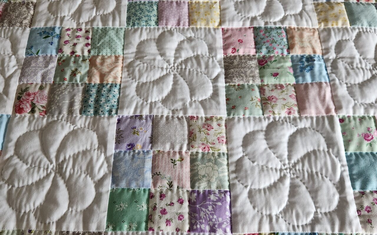 Pastel and White Nine Patch Crib Quilt (Pink Binding) - Image 2