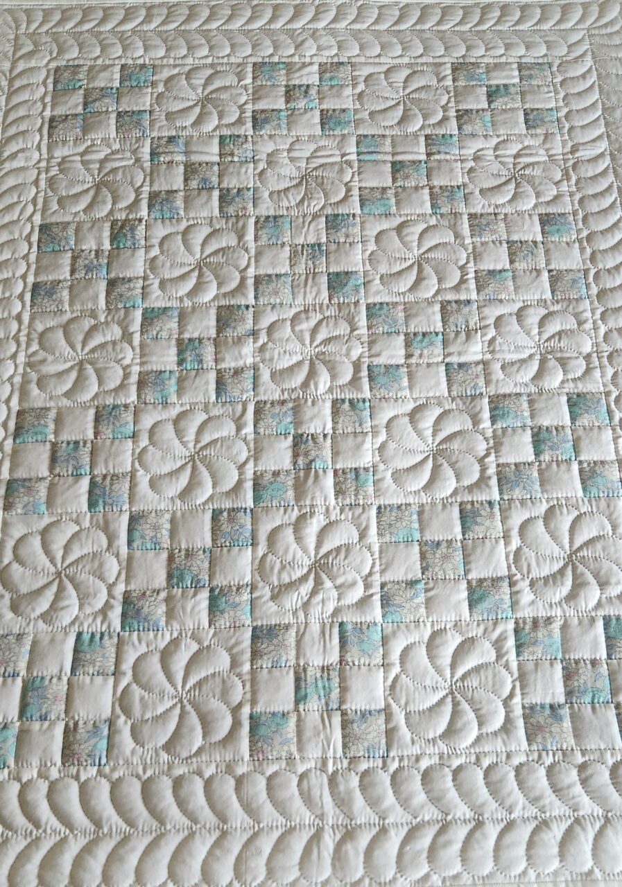 Vintage Floral and White Nine Patch Crib Quilt