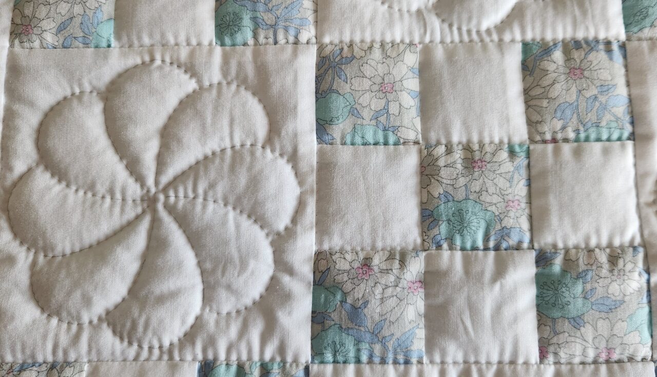 Vintage Floral and White Nine Patch Crib Quilt - Image 3
