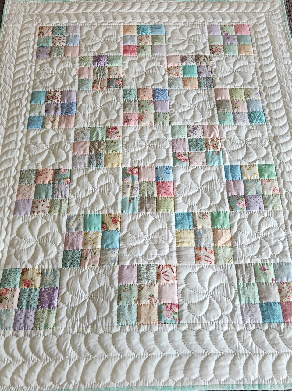 Pastel and White Nine Patch Crib Quilt (Aqua Binding)