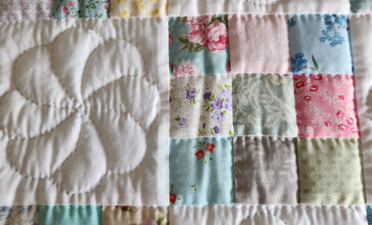 Pastel and White Nine Patch Crib Quilt (Aqua Binding) - Image 3