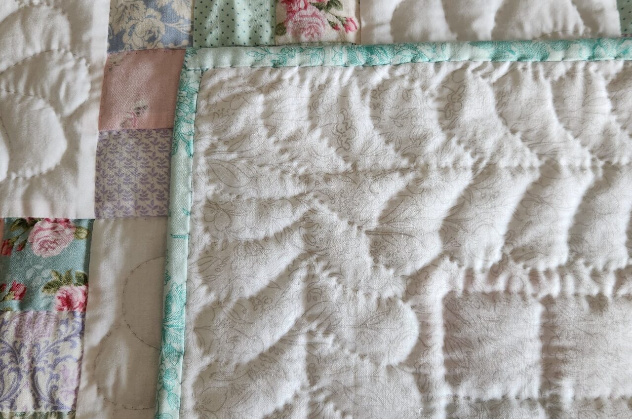 Pastel and White Nine Patch Crib Quilt (Aqua Binding) - Image 4