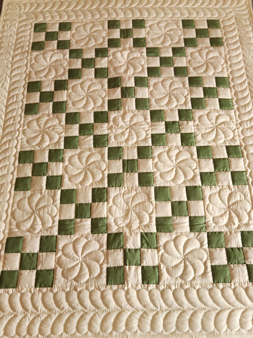 Green and Cream Nine Patch Quilt