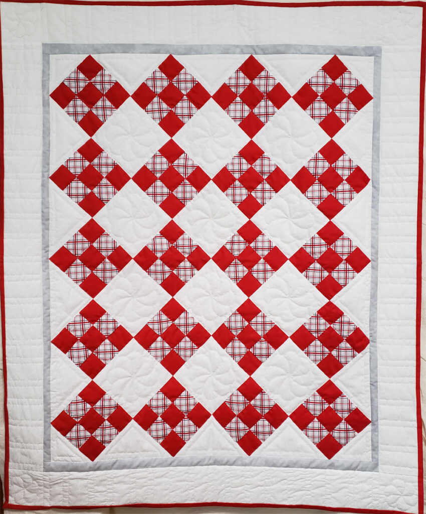 Red, Gray, Plaid, and White Nine Patch Quilt