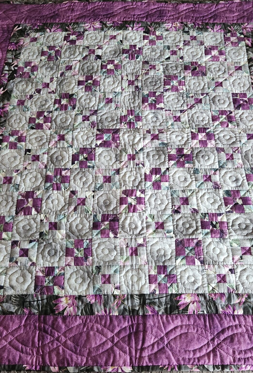 Pleasing Purple and Gray Nine Patch Quilt