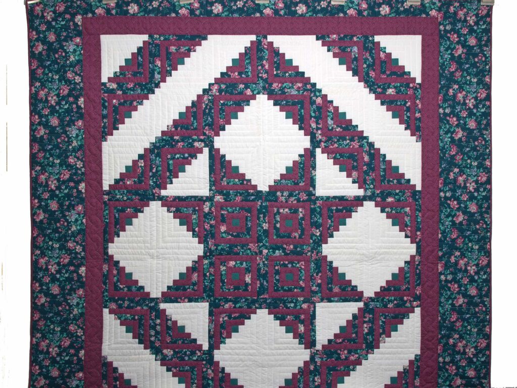 Plum Rose and Green Log Cabin Star Quilt