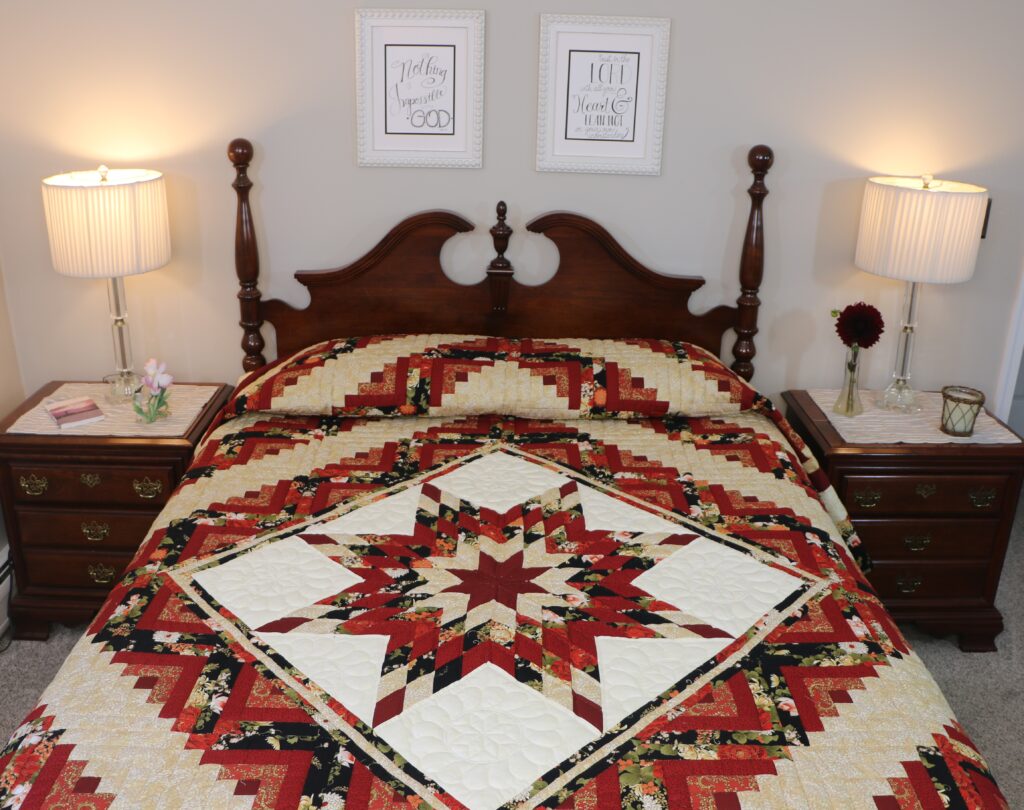 Red Gold Cream Star Log Cabin Quilt - Image 10