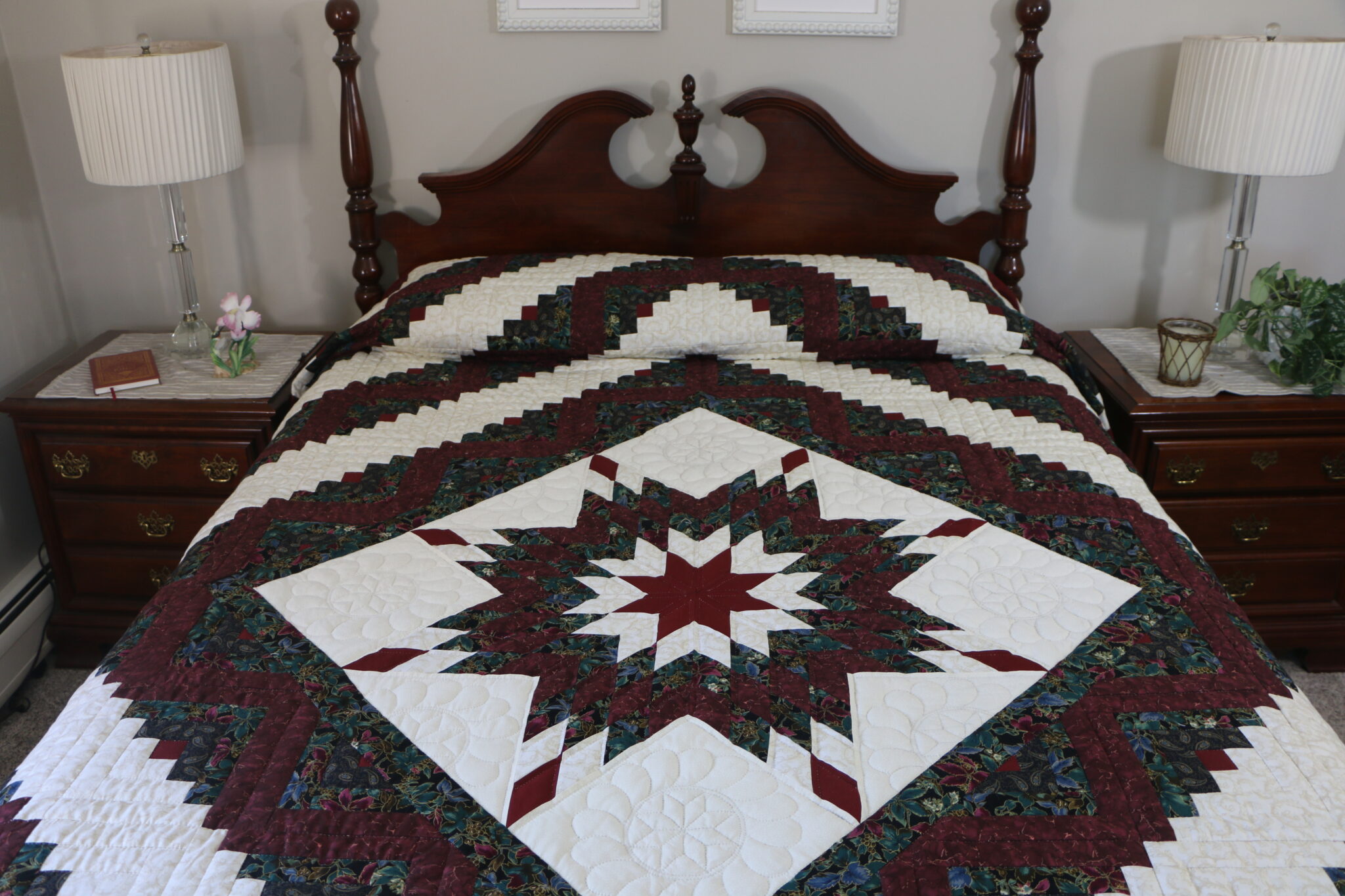 Maple Leaf Burgundy and Gold Lone Star Log Cabin Quilt - Image 5