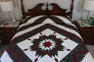 Maple Leaf Burgundy  and Gold Lone Star Log Cabin Quilt